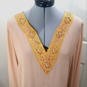 Apostrophe Beige Sheer Top With V-Neck Embellished  Size XL